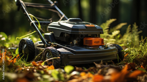 Lawnmower in the grass with fall leaves. Close-up. Concept of seasonal yard maintenance, autumnal chores, transitioning seasons.