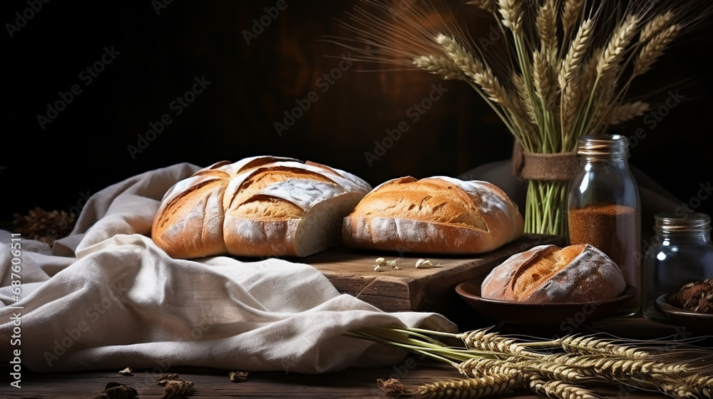 Rustic bread, flour sprinkled from the white paper bag, measuring cup and ears of wheat - kitchen. Layout with free text space. Rustic bread, flour sprinkled from the white paper bag, measuring cup and ears of wheat - kitchen. Layout with free text space.
