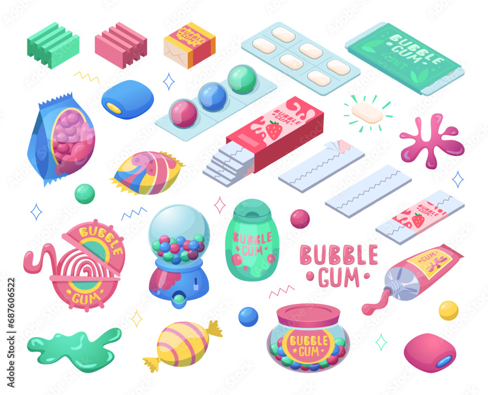 Gum for kids. Bubble gum collection exact vector jelly candy for kids