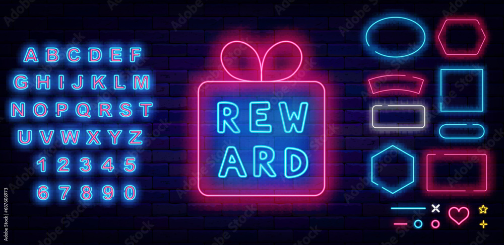Reward neon sign. Gift box frame. Glowing blue alphabet. Geometric borders collection. Vector stock illustration