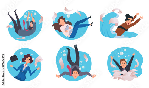 Business people swimming. Entrepreneur characters flowing in water exact vector business concept