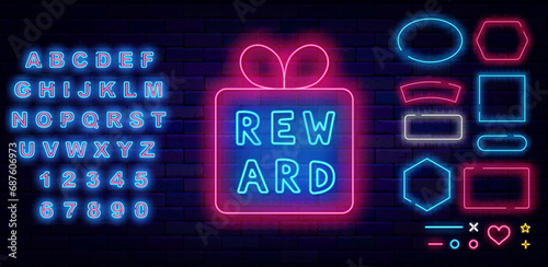 Reward neon sign. Gift box frame. Glowing blue alphabet. Geometric borders collection. Vector stock illustration