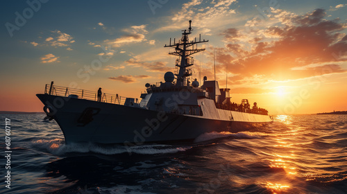 The military ship on sea at sunrise. photo