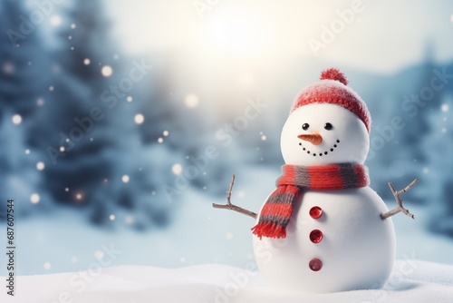 Happy snowman standing in winter landscape Merry Christmas and New Year greeting card with copy space text © capuchino009