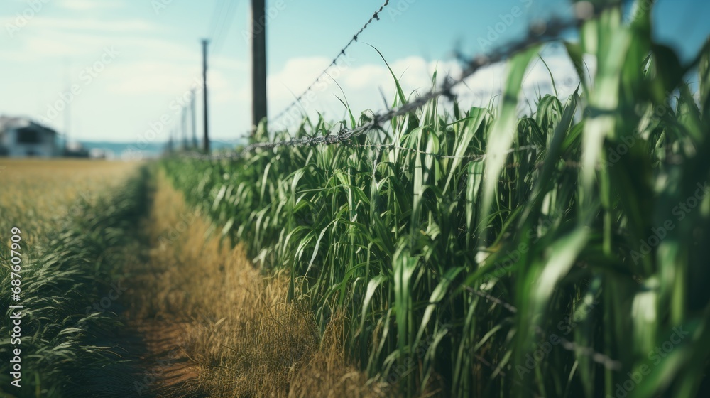 Fototapeta premium Realistic photo of a large sugar cane plantation close-up view with a wire fence