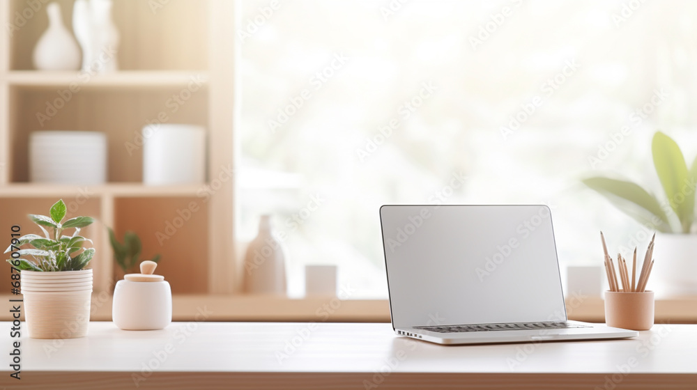 Laptop with blank screen on table. Laptop with blank screen on table.