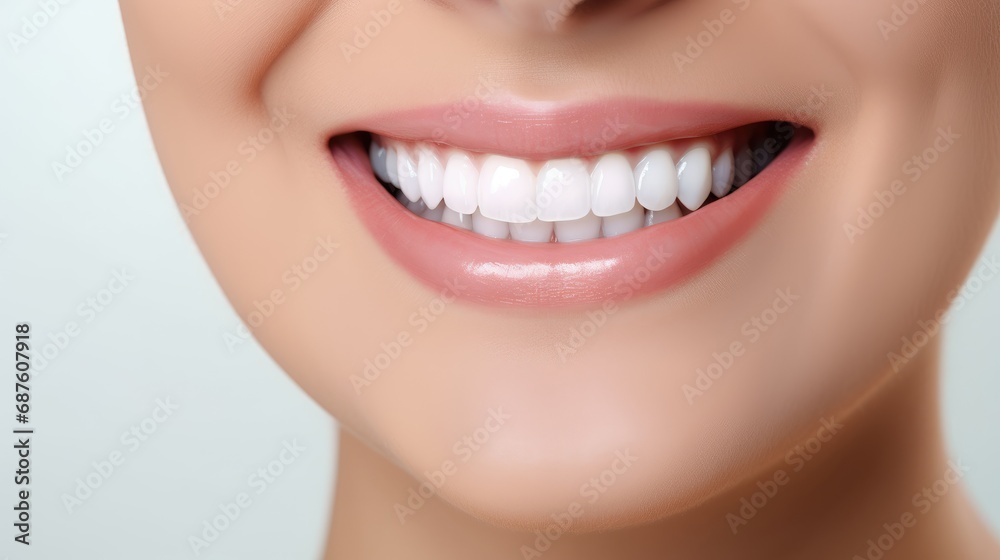 Fototapeta premium A close-up photo of the lower part of a female face. Beautiful, cute smile with immaculate, perfect teeth. Chin, nose, and mouth visible.