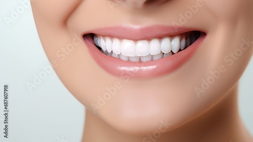 A close-up photo of the lower part of a female face. Beautiful, cute smile with immaculate, perfect teeth. Chin, nose, and mouth visible.