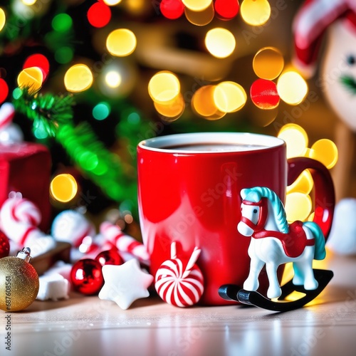 Rocking horse toy pendant in front of Christmas tree. Red mug with hot chocolate drink and marshmallow and candy sticks