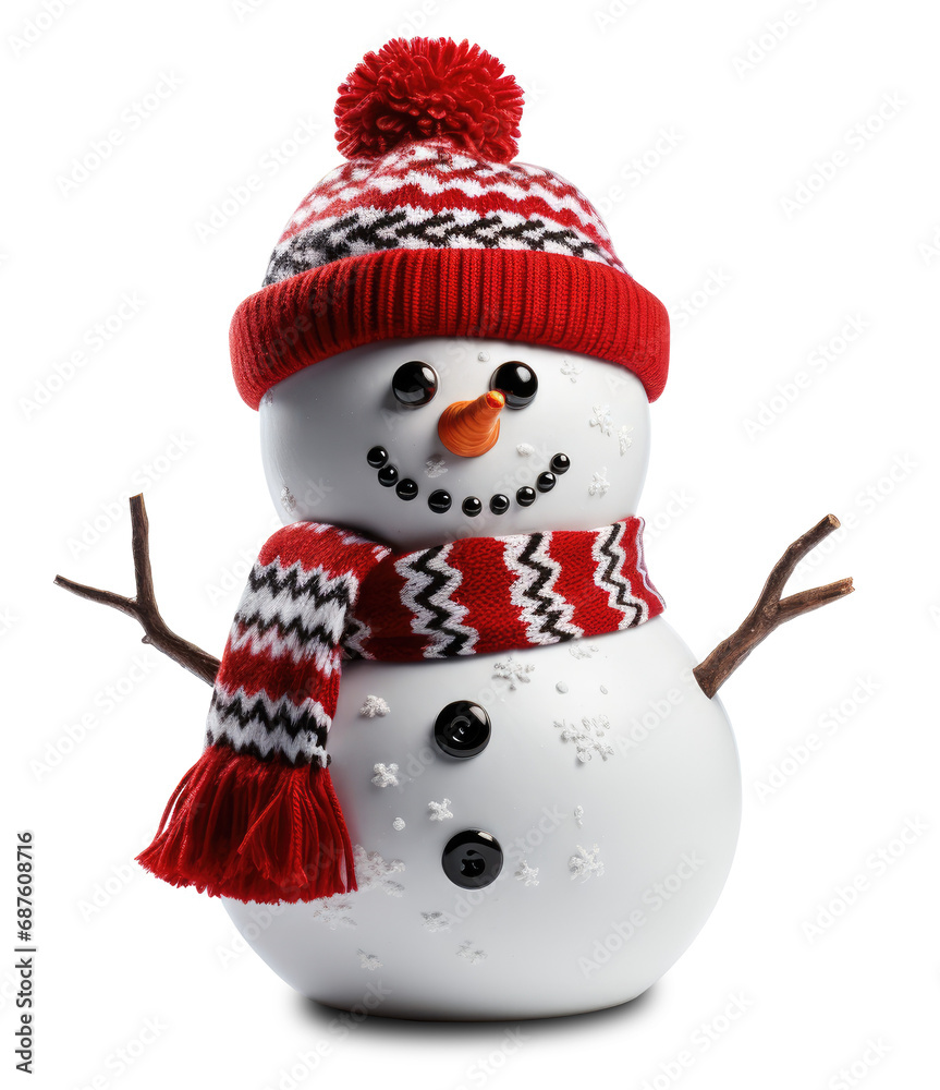 A cute snowman wearing a red color scarf and hat isolated on transparent