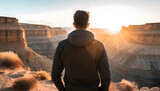 Young adult male standing in front of a scenic canyon landscape