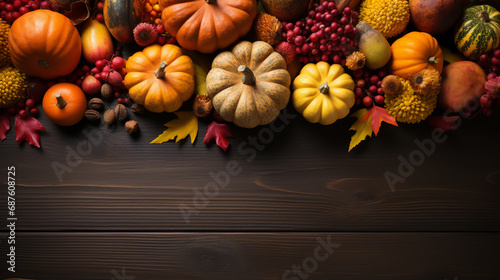 Thanksgiving day still life, background with empty copy space. Pumpkin harvest in wicker basket. Halloween decoration fall design.