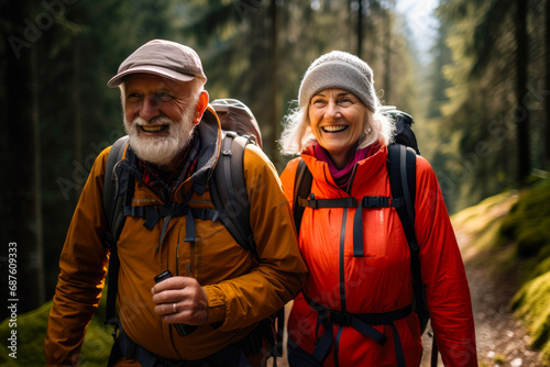 An active elderly couple is traveling through the forest. Mature people enjoying and having fun