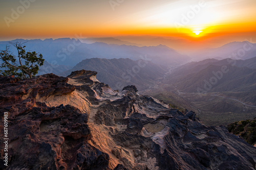 Colorful landscape background at sunrise in the Asir Mountains in Saudi Arabia. © Szymon Bartosz