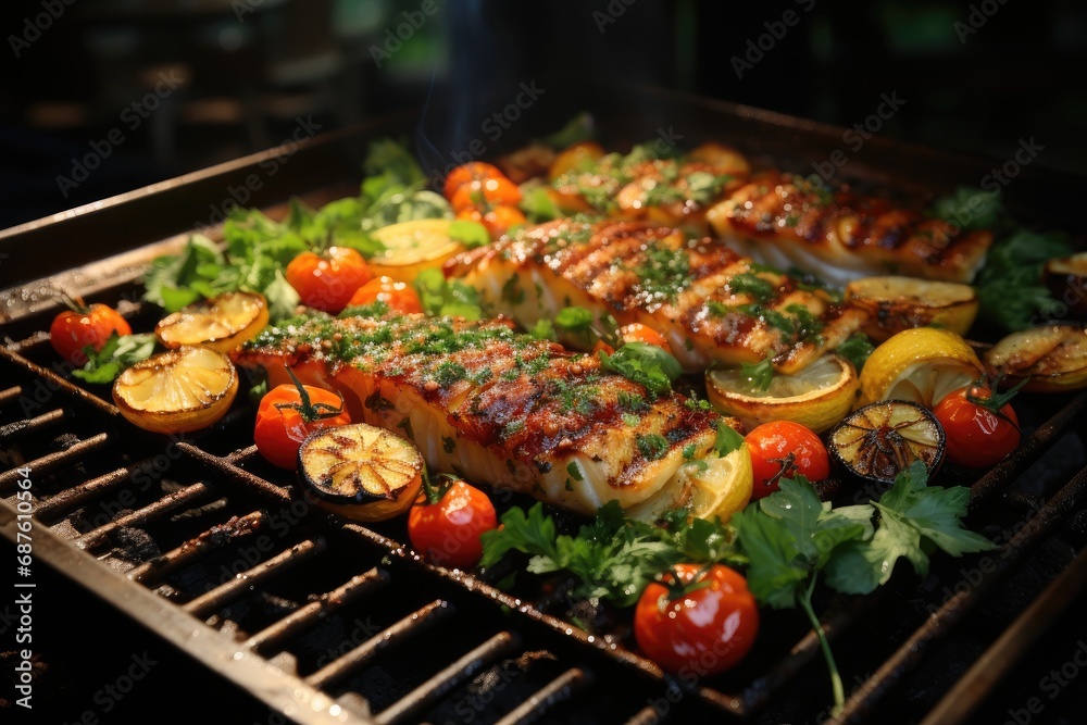 Appetizing grilled fish with grilled vegetables Appetizing grilled fish with grilled vegetables