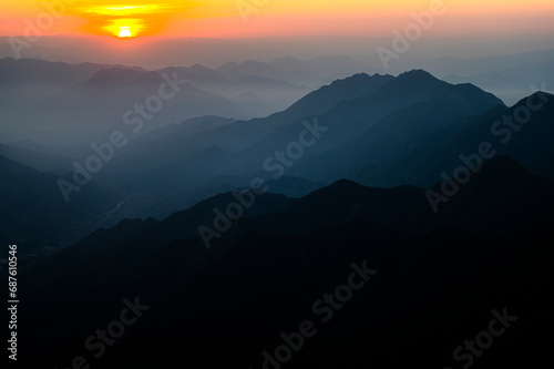 Colorful landscape background at sunrise in the Asir Mountains in Saudi Arabia.