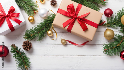 Christmas Gifts Arranged Neatly on a White Wooden Table