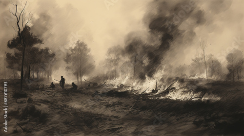 Wildfire in forest. Illustration of a forest fire. Banner, brochure, poster template. Natural disaster.