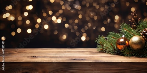 Empty table in front of christmas tree with decorations background. For product display montage