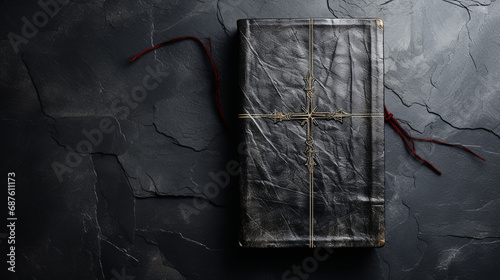 Holy Bible and wooden cross on stone background.Faith in God.Miracle from heaven.Believe in goddess.Love study bible.Bible is book of life.Christianity background concept.