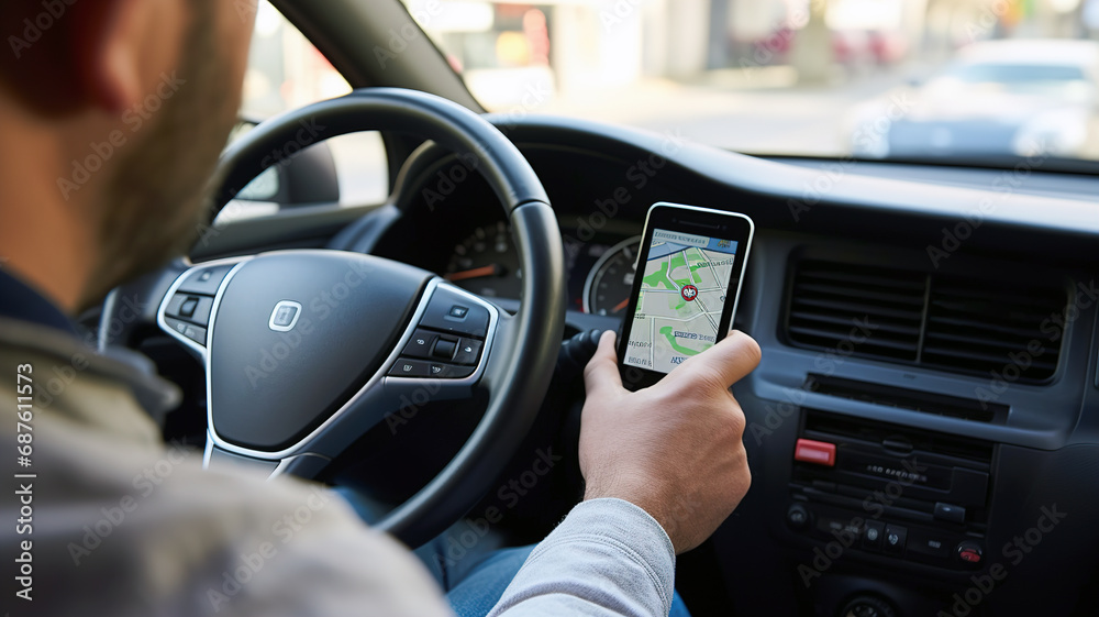 Taxi driver look at smartphone open navigation app Taxi driver look at smartphone open navigation app
