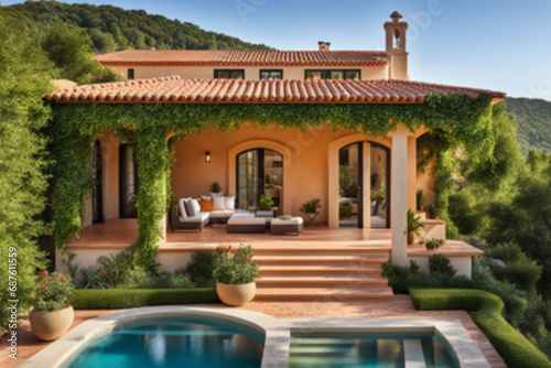 Mediterranean villa with a terracotta roof and vine-covered pergola © rimsha