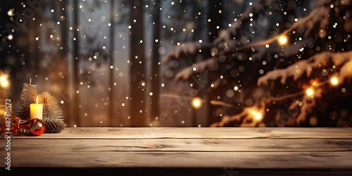 Rustic wooden table against snowy background with winter landscape. Christmas background.
