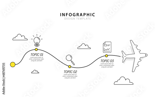 Infographic design template. Timeline concept with 3 options or steps template. layout, diagram, annual, airplanes, travel, report, presentation. Vector illustration.