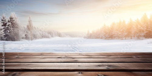Snow background and christmas time. Empty Wooden table. 