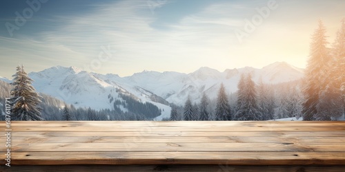 Snow background and christmas time. Empty Wooden table. 