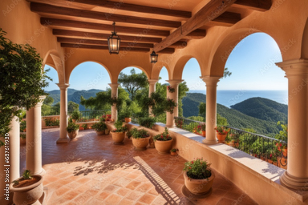 Mediterranean villa with a terracotta roof and vine-covered pergola