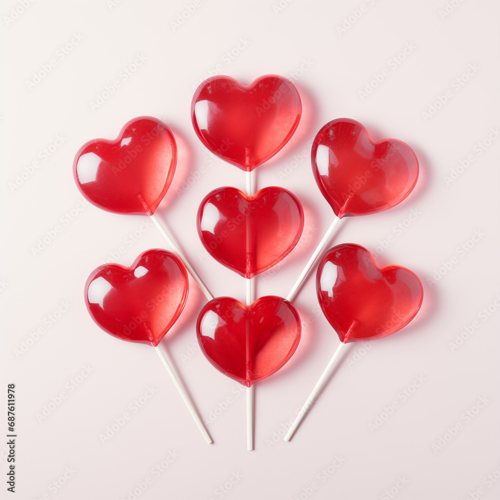 red lollipops in a shape of heart on white background 