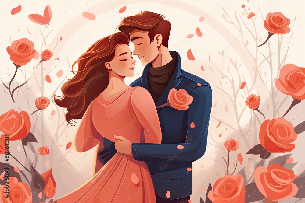 Romantic couple in love hugging and kissing on a background of flowers. Vector illustration, Young couple in love on valentine's day illustration, AI Generated Romantic couple in love hugging and kissing on a background of flowers. Vector illustration, Young couple in love on valentine's day illustration, AI Generated