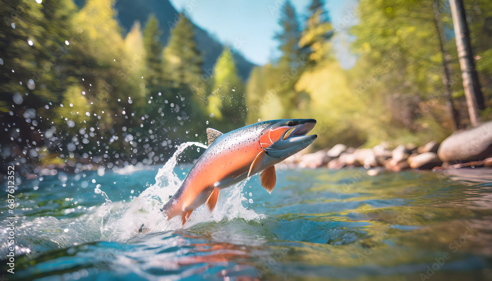 Fototapeta premium Pink salmon jumping from mountain stream