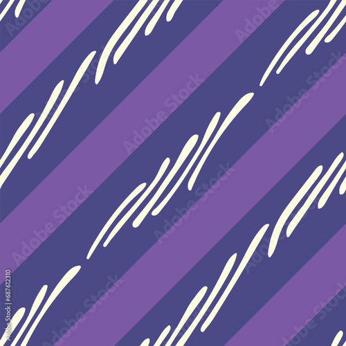 vector white doodle lines and violet askew stripe seamless pattern on blue.
