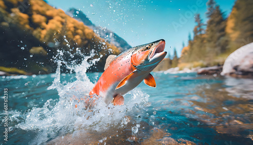 Pink salmon jumping from mountain stream