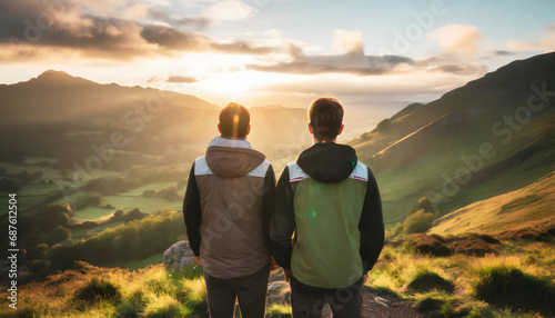 2 young adult males standing in front of a scenic landscape
