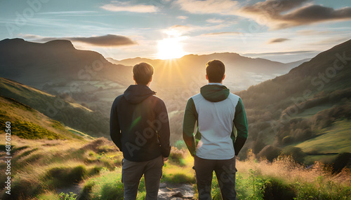 2 young adult males standing in front of a scenic landscape