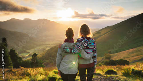 2 young adult females standing in front of a scenic landscape