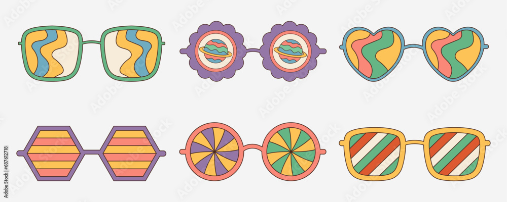 Vector set of groovy sunglasses in trendy retro 70s style. Vector set of groovy sunglasses in trendy retro 70s style.
