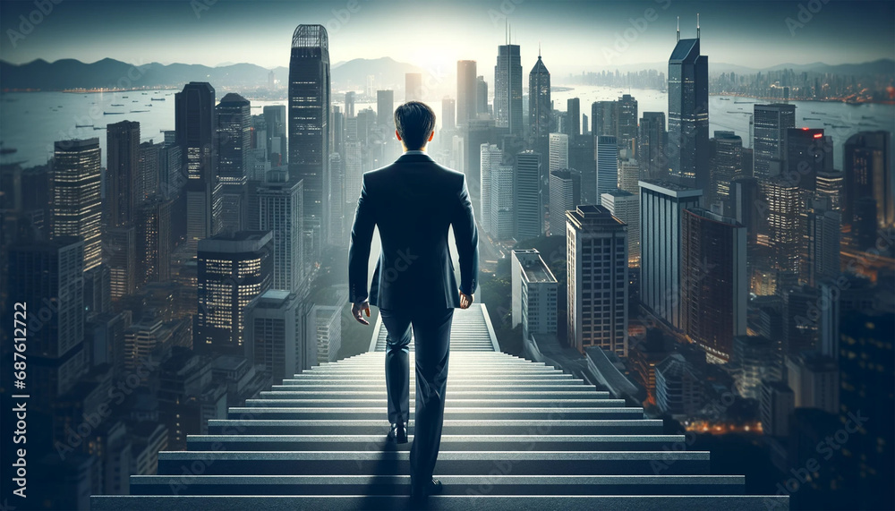Rear view of a businessman climbing stairs leading to a large city. Rear view of a businessman climbing stairs leading to a large city.
