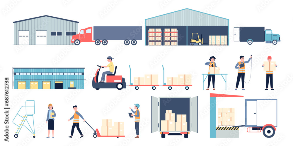 Flat warehouse set. Transportation logistic industry elements, flat style delivery service and warehouses workers. Industrial furniture recent vector set