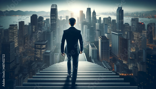 Rear view of a businessman climbing stairs leading to a large city.