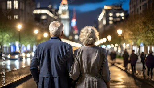 Old adult couple standing in front of a night city scene © Tim Bird