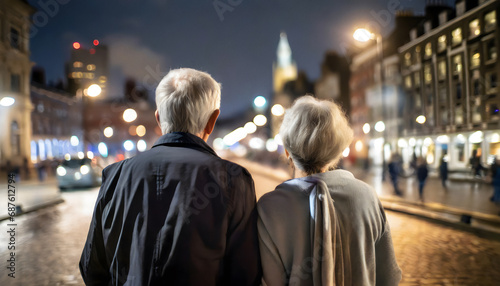 Old adult couple standing in front of a night city scene
