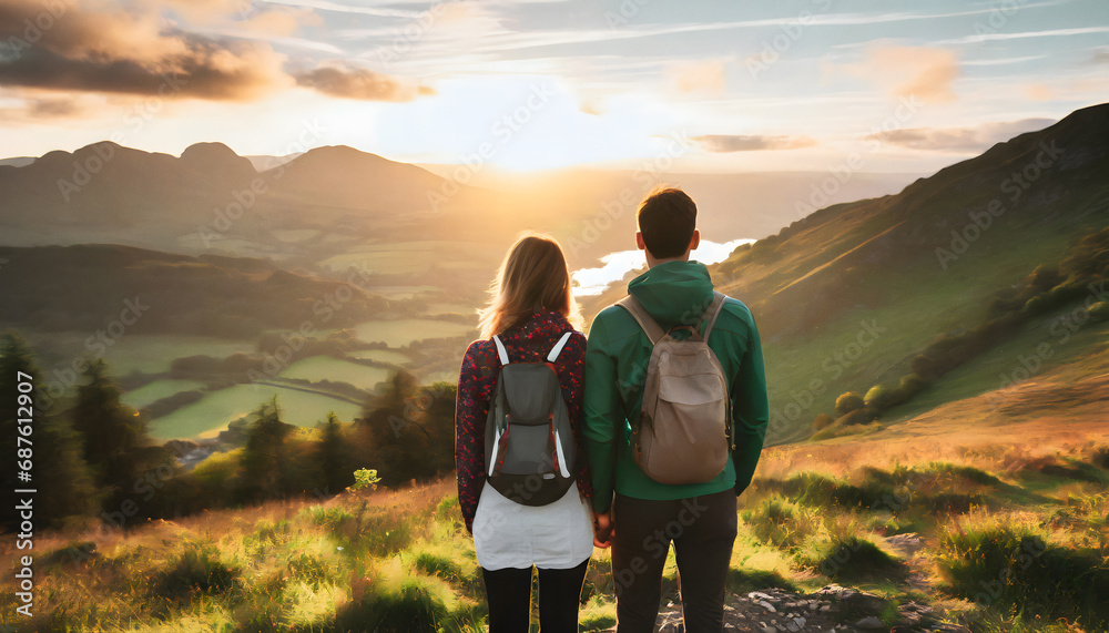 Young adult couple standing in front of a scenic landscape
