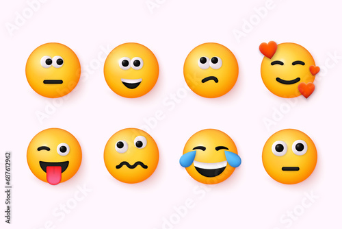 Set Icon Smile Emoji. Realistic Yellow Glossy 3d Emotions round face. 3D Web Vector Illustrations.
