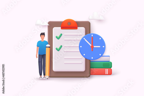 Time management concept. Time organization efficiency. Schedule job project team. Characters planning project tasks, managing schedule and work time. 3D Web Vector Illustrations.