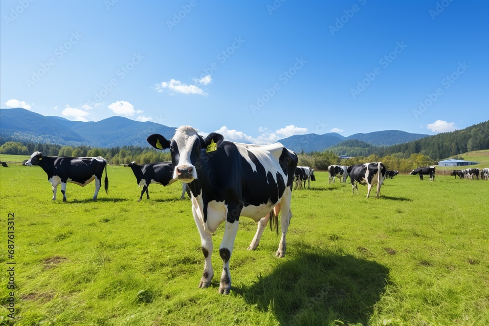 A herd of cows grazing on a beautiful mountain meadow