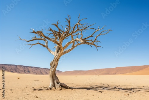 lonely dried tree in the desert with cracked dried soil
